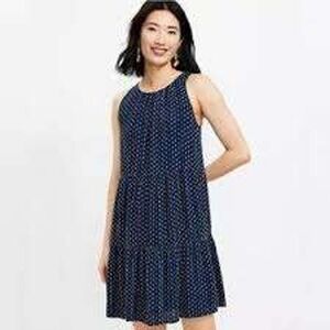 LOFT Navy Blue White Green Dot Print Tiered Halter Neck‎ Midi Dress - Size XXSP